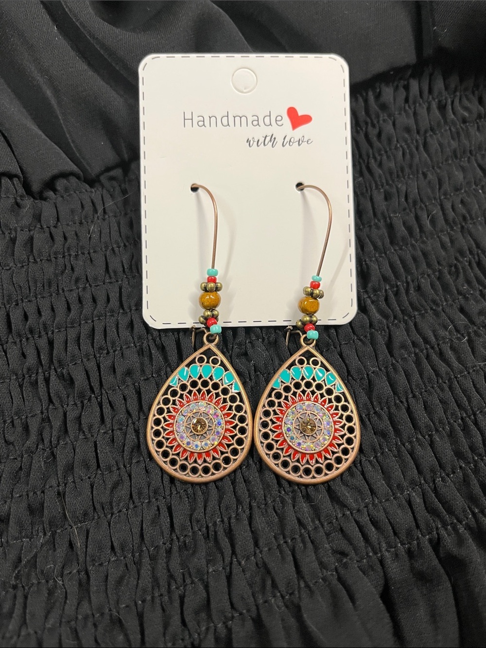 Handmade Teardrop Dangle Earrings in Turquoise and Red by